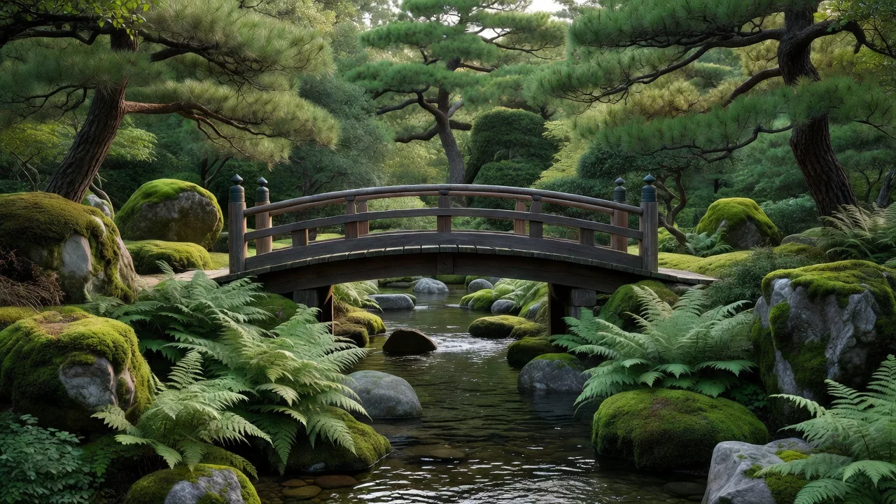ランドスケープ設計 — 木橋と小川を組み合わせた敷地全体の景観